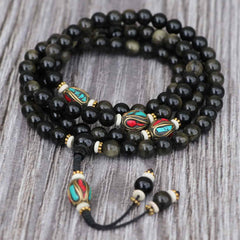 Inlaid Brass Black Obsidian Stone Japa Mala