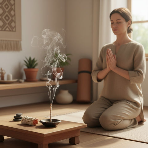 HUGE BAZAAR handmade sandalwood rope incense burning in a small dish while a woman meditates in a peaceful room.