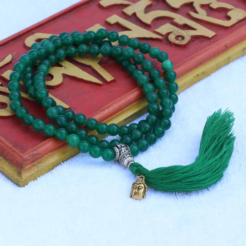 Jade Stone Prayer Mala With Buddha Head & Tassel