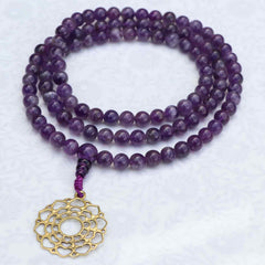 Amethyst Stone Japa Mala With Crown Chakra Pendant