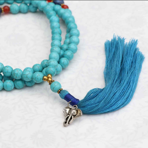 Turquoise Stone Japa Mala With Elephant Charm