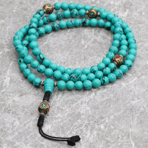 Turquoise Stone Japa Mala with Inalid Brass Bead