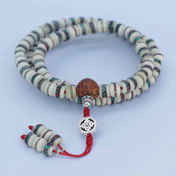 Antique Bodhi Inlaid Yak Bone Prayer Mala