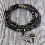 Inlaid Brass Black Obsidian Stone Japa Mala