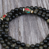 Inlaid Brass Black Obsidian Stone Japa Mala