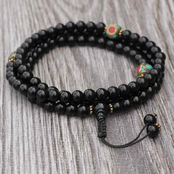 Inlaid Brass Black Onyx Stone Japa Mala