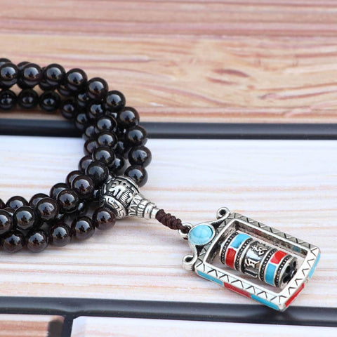 Prayer Wheel Garnet Stone Mala