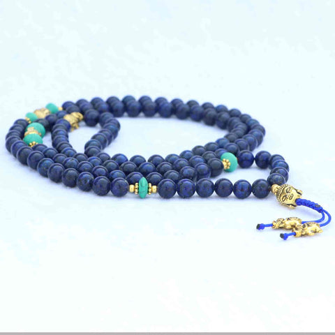 Buddha Head Lapis Lazuli Stone Japa Mala With Elephant Bead Spacer