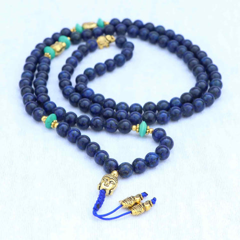 Buddha Head Lapis Lazuli Stone Japa Mala With Elephant Bead Spacer