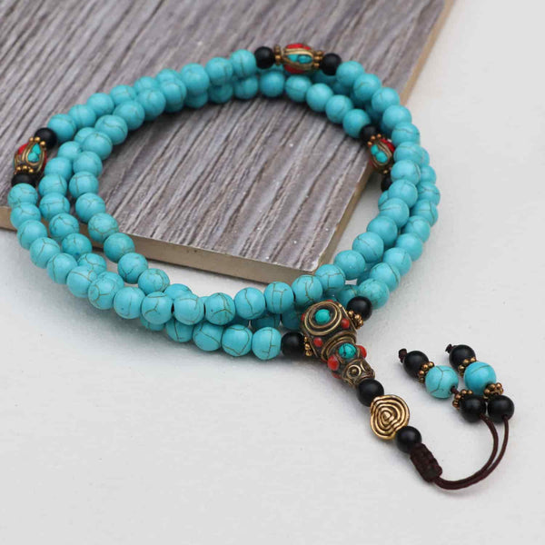 Inlaid Brass Turquoise Stone Prayer Mala