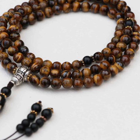 Tibetan Mantra Tiger Eye Stone Prayer Mala With Dzi Bead