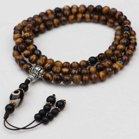 Tibetan Mantra Tiger Eye Stone Prayer Mala With Dzi Bead