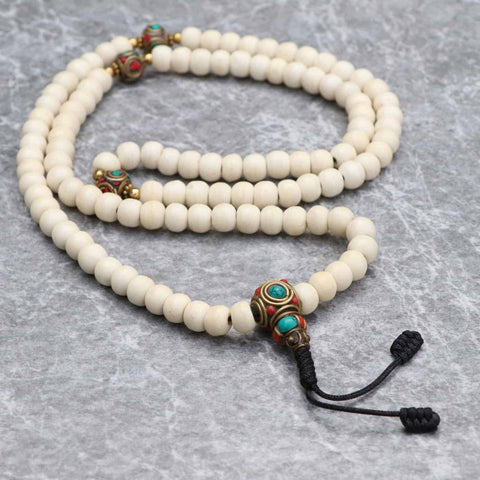 Inlaid Brass Bead Yak Bone Prayer Mala