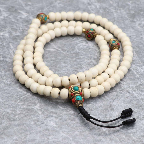 Inlaid Brass Bead Yak Bone Prayer Mala