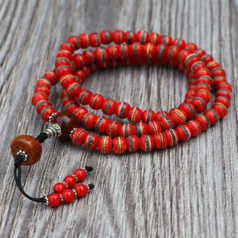 Red Inlaid Yak Bone Prayer Mala