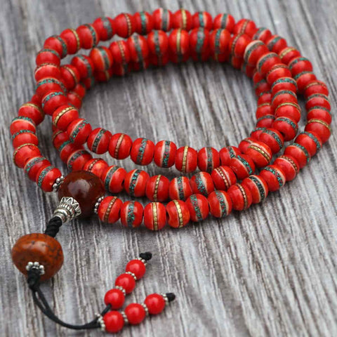 Red Inlaid Yak Bone Prayer Mala