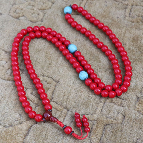 Coral Stone Wrist Prayer Mala With Turquoise Stone Spacer
