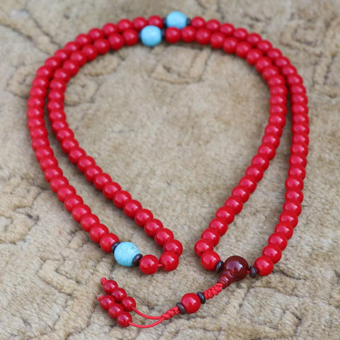 Coral Stone Wrist Prayer Mala With Turquoise Stone Spacer