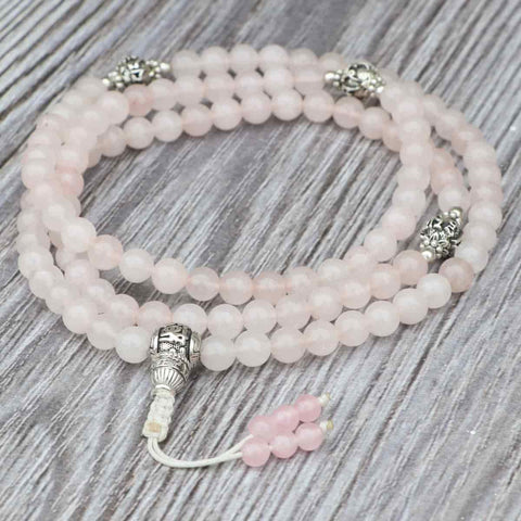 Tibetan Mantra Rose Quartz Stone Prayer Mala