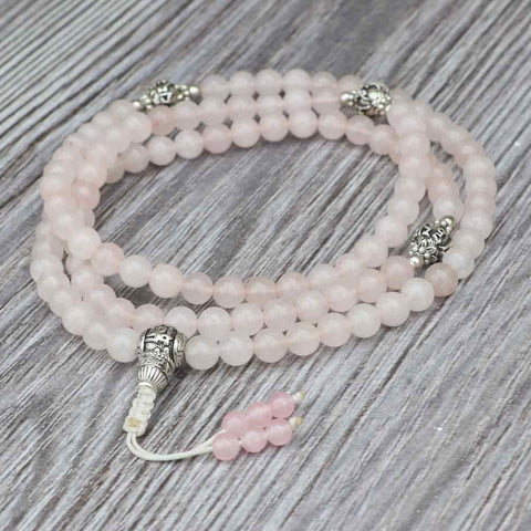 Tibetan Mantra Rose Quartz Stone Prayer Mala