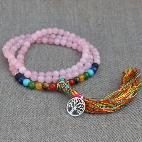 Seven Chakra Rose Quartz Stone Japa Mala